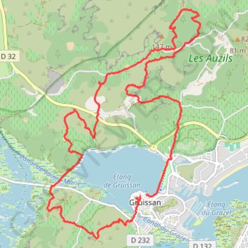 Trace GPS Gruissan, Notre-Dame des Auzils, la Clape, l'étang et la tour, itinéraire, parcours