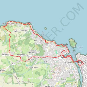 Trace GPS Crozon, Douarnenez, roches blanches et Port Rhu, petit parcours, itinéraire, parcours