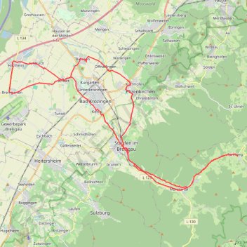 Trace GPS Bremgarten - Staufen - Munstertal - Spielweg - Staufen - Bliengen - Hartheim - Bremgarten, itinéraire, parcours