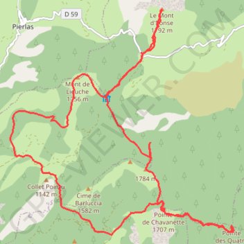 Trace GPS 6 sommets (Mont de Lieuche - Pointe de la Chavanette - Pointe des 4 cantons - Mont Fracha - Brec d'Ilonse - Le Mont) depuis le Col de la Sinne, itinéraire, parcours