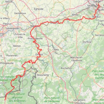 Trace GPS Compostelle - Belgique - Via Mosana + Monastica (Liège-Namur-Rocroi), itinéraire, parcours