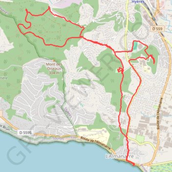 Trace GPS HYERES-De Costebelle à la plage de l'Almanarre, itinéraire, parcours